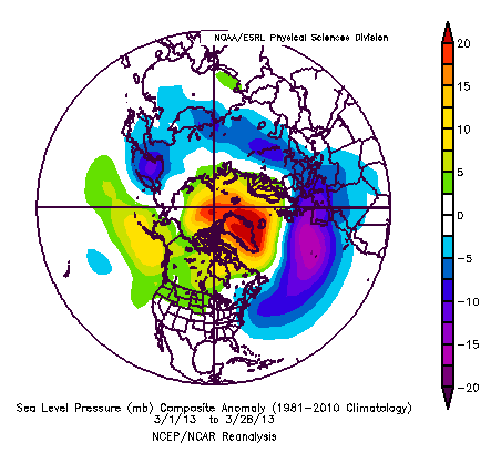 NH sea level pressure anomaly March 13